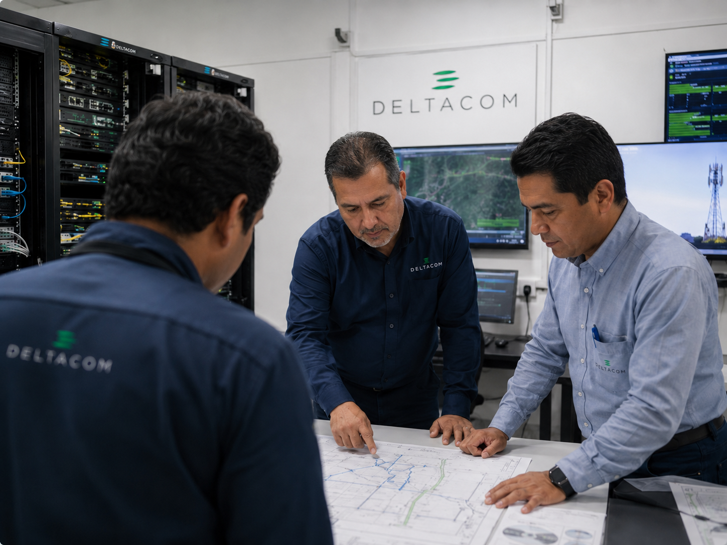 Equipe Deltacom em sala técnica analisando plantas de rede